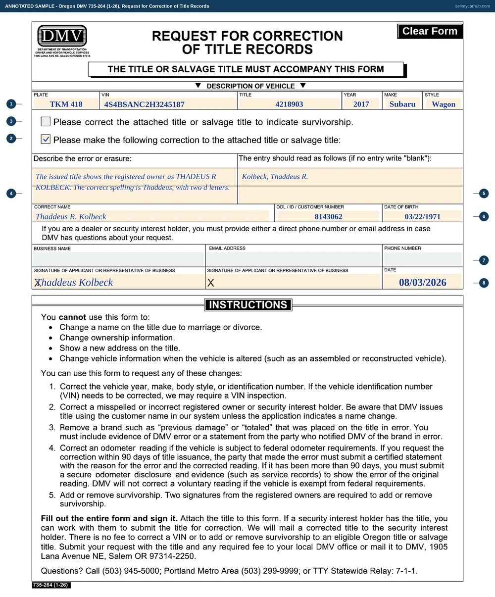 An Oregon Request for Correction of Title Records filled in: plate TKM 418, VIN 4S4BSANC2H3245187, title 4218903, a 2017 Subaru wagon, a description of a misspelled owner name on the issued title, the entry corrected to read Thaddeus R. Kolbeck, a customer number and date of birth, and the applicant's signature and date.