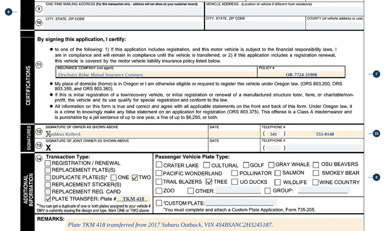 Part of page 1 of our filled-in example of Oregon 735-268, Application for Registration, Renewal, Replacement or Transfer of Plates and/or Stickers, showing the filled-in entries