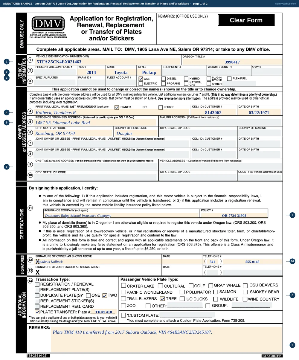 An Oregon Form 735-268 filled in as a plate transfer: VIN 5TFAZ5CN4EX021463 and title number 3990417 for a 2014 Toyota Tacoma, owner Thaddeus R. Kolbeck of Roseburg in Douglas County, an insurance company and policy number on line 11, two plates ticked, and the Remarks block naming the 2017 Subaru the plates were removed from.
