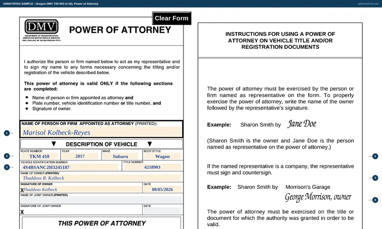 Top of our filled-in example of Oregon 735-500, Power of Attorney