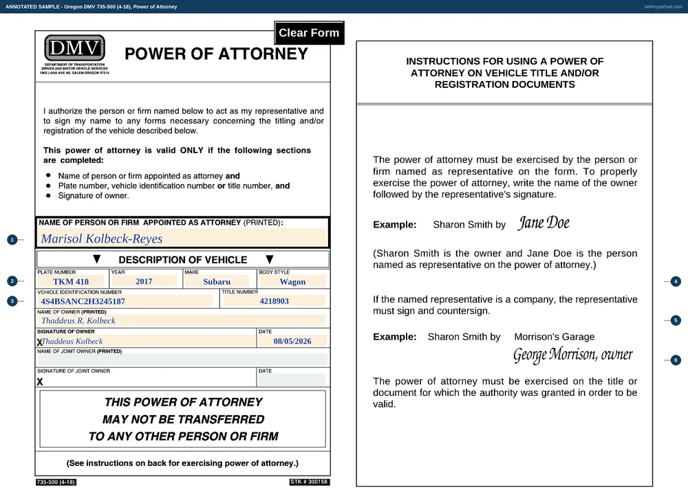 An Oregon Power of Attorney filled in: Marisol Kolbeck-Reyes appointed as attorney, the vehicle a 2017 Subaru Outback with VIN 4S4BSANC2H3245187, plate TKM 418 and title 4218903, with owner Thaddeus R. Kolbeck printed and signed and the joint owner lines left blank.