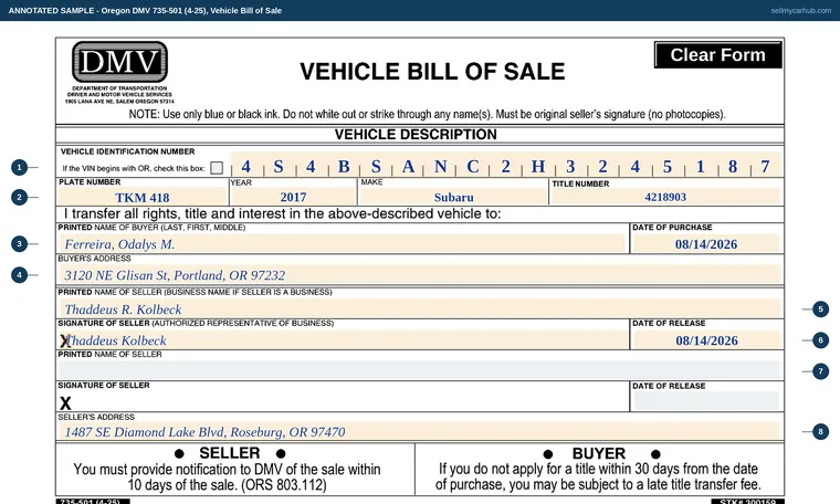 Top of our filled-in example of Oregon 735-501, Vehicle Bill of Sale