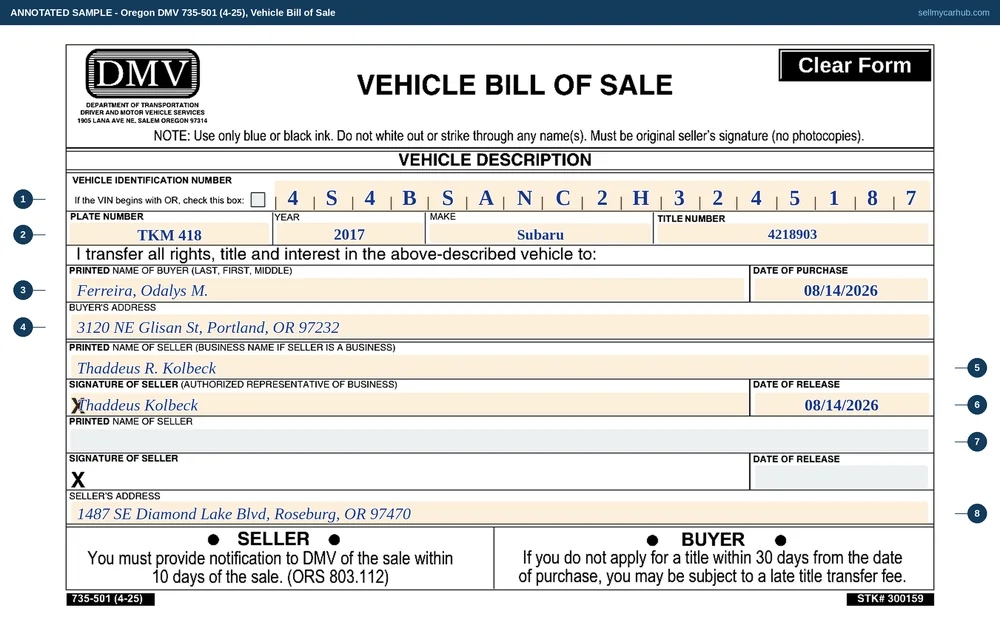 An Oregon Vehicle Bill of Sale filled in: VIN 4S4BSANC2H3245187, plate TKM 418, a 2017 Subaru, title number 4218903, transferred to Odalys M. Ferreira of Portland on 08/14/2026, with Thaddeus R. Kolbeck printed and signed on the first seller row and the second seller row left blank.