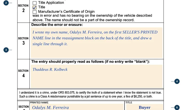 Part of our filled-in example of Oregon 735-502, Statement of Error or Erasure of a Name, showing the filled-in entries