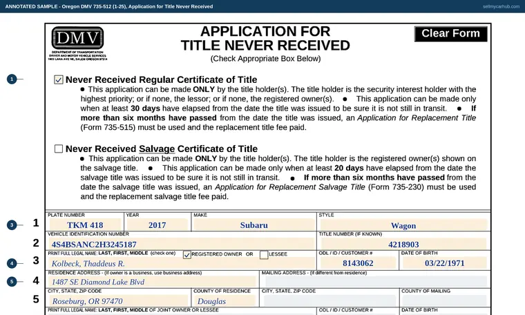 Top of our filled-in example of Oregon 735-512, Application for Title Never Received