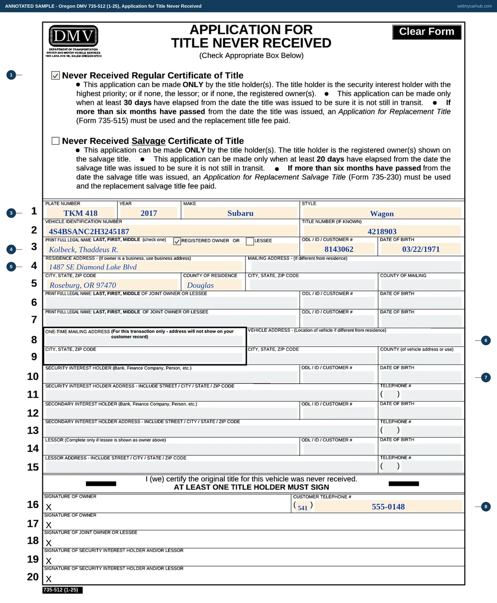 An Oregon Application for Title Never Received filled in: the regular certificate box ticked, plate TKM 418, a 2017 Subaru wagon, VIN 4S4BSANC2H3245187, title number 4218903, registered owner Thaddeus R. Kolbeck of Roseburg in Douglas County with a customer number and date of birth, and the owner's signature under the certification that the original title was never received.