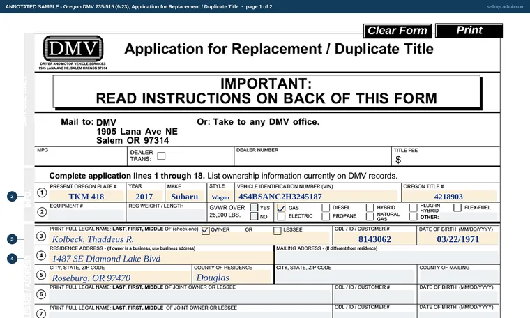 Top of page 1 of our filled-in example of Oregon 735-515, Application for Replacement / Duplicate Title