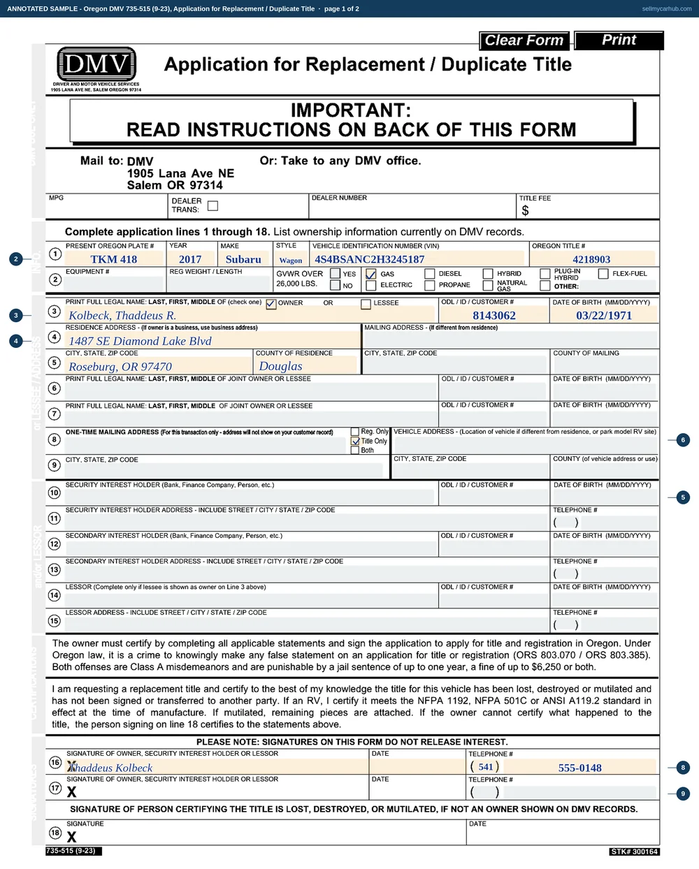An Oregon Application for Replacement / Duplicate Title filled in: VIN 4S4BSANC2H3245187, title number 4218903, a 2017 Subaru Outback, plate TKM 418, owner Thaddeus R. Kolbeck of Roseburg in Douglas County, Title Only ticked, and the owner's signature on line 16 under the note that signatures on this form do not release interest.