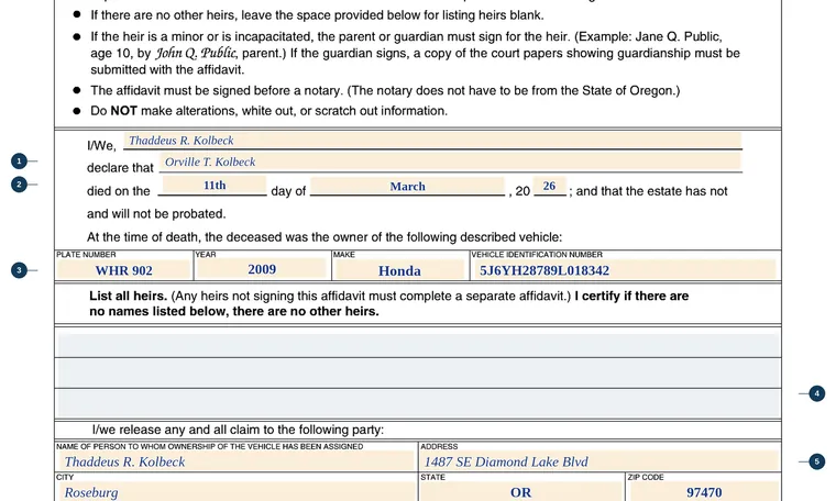 Part of our filled-in example of Oregon 735-516, Inheritance Affidavit, showing the filled-in entries