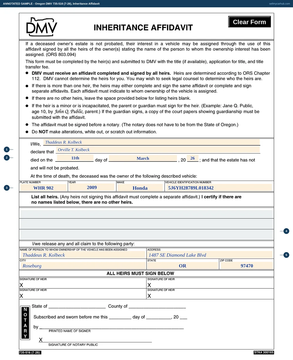 An Oregon Inheritance Affidavit filled in: Orville T. Kolbeck declared to have died on the 11th day of March 2026 with the estate not probated, the vehicle a 2009 Honda Element with VIN 5J6YH28789L018342 and plate WHR 902, no other heirs listed, the vehicle released to Thaddeus R. Kolbeck of Roseburg, one heir signature, and a notary block completed by Verena K. Stroud.