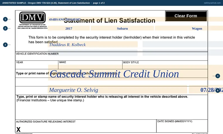 Top of page 1 of our filled-in example of Oregon 735-524, Statement of Lien Satisfaction
