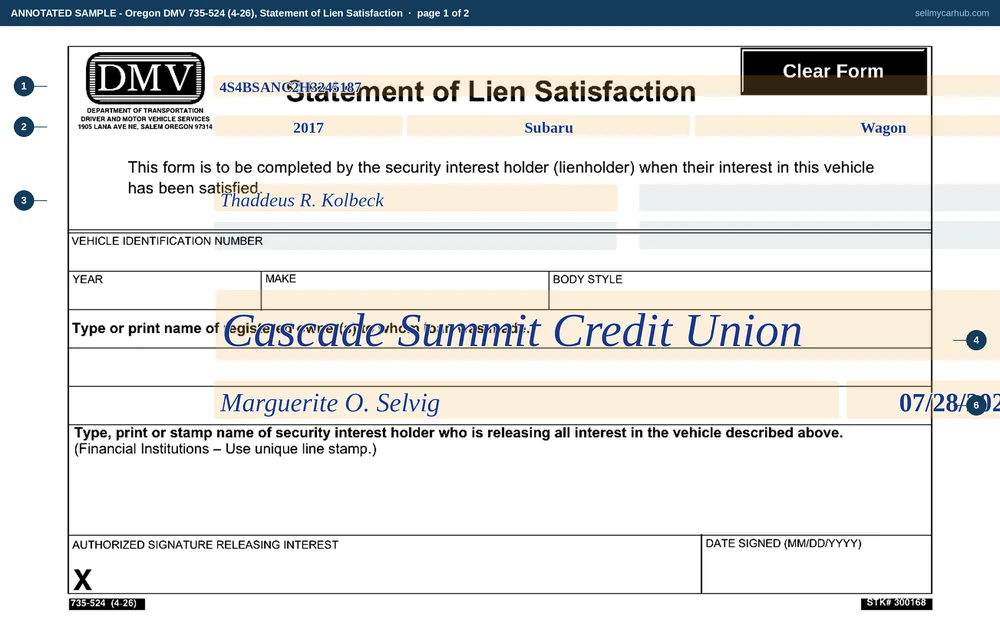 An Oregon Statement of Lien Satisfaction filled in: VIN 4S4BSANC2H3245187, a 2017 Subaru wagon, the registered owner Thaddeus R. Kolbeck named as the person the loan was made to, Cascade Summit Credit Union printed as the security interest holder releasing interest, and an authorised signature dated 07/28/2026.