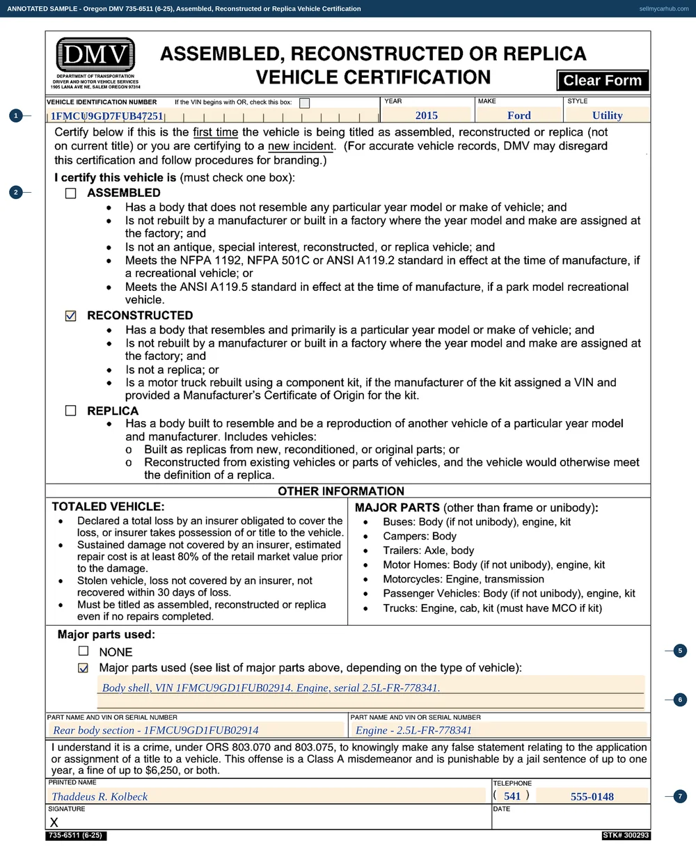 An Oregon Assembled, Reconstructed or Replica Vehicle Certification filled in: RECONSTRUCTED ticked, VIN 1FMCU9GD7FUB47251, a 2015 Ford Escape, the major parts block listing a replacement body and engine with their serial numbers, and a printed name, telephone, signature and date.