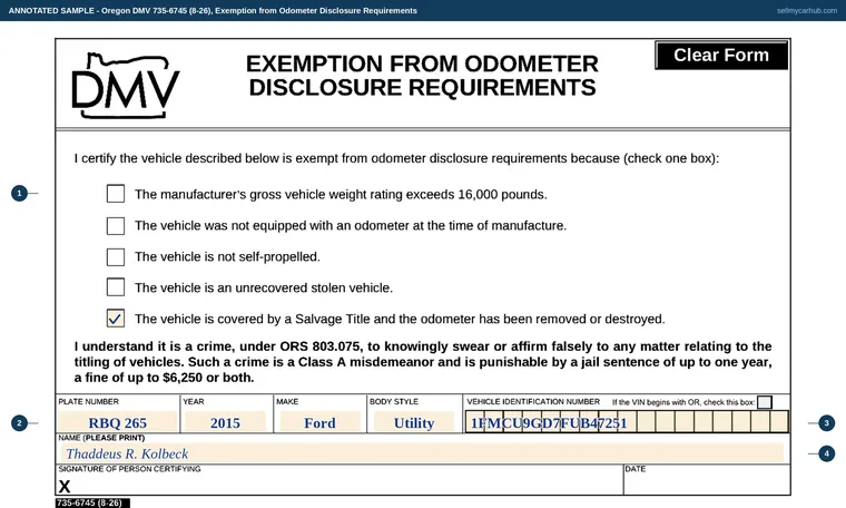 Top of our filled-in example of Oregon 735-6745, Exemption from Odometer Disclosure Requirements