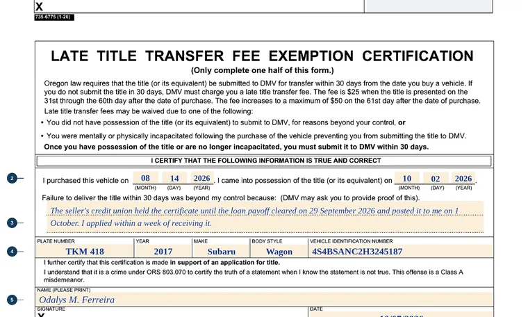Part of our filled-in example of Oregon 735-6775, Certification of Vehicle Date of Purchase, showing the filled-in entries