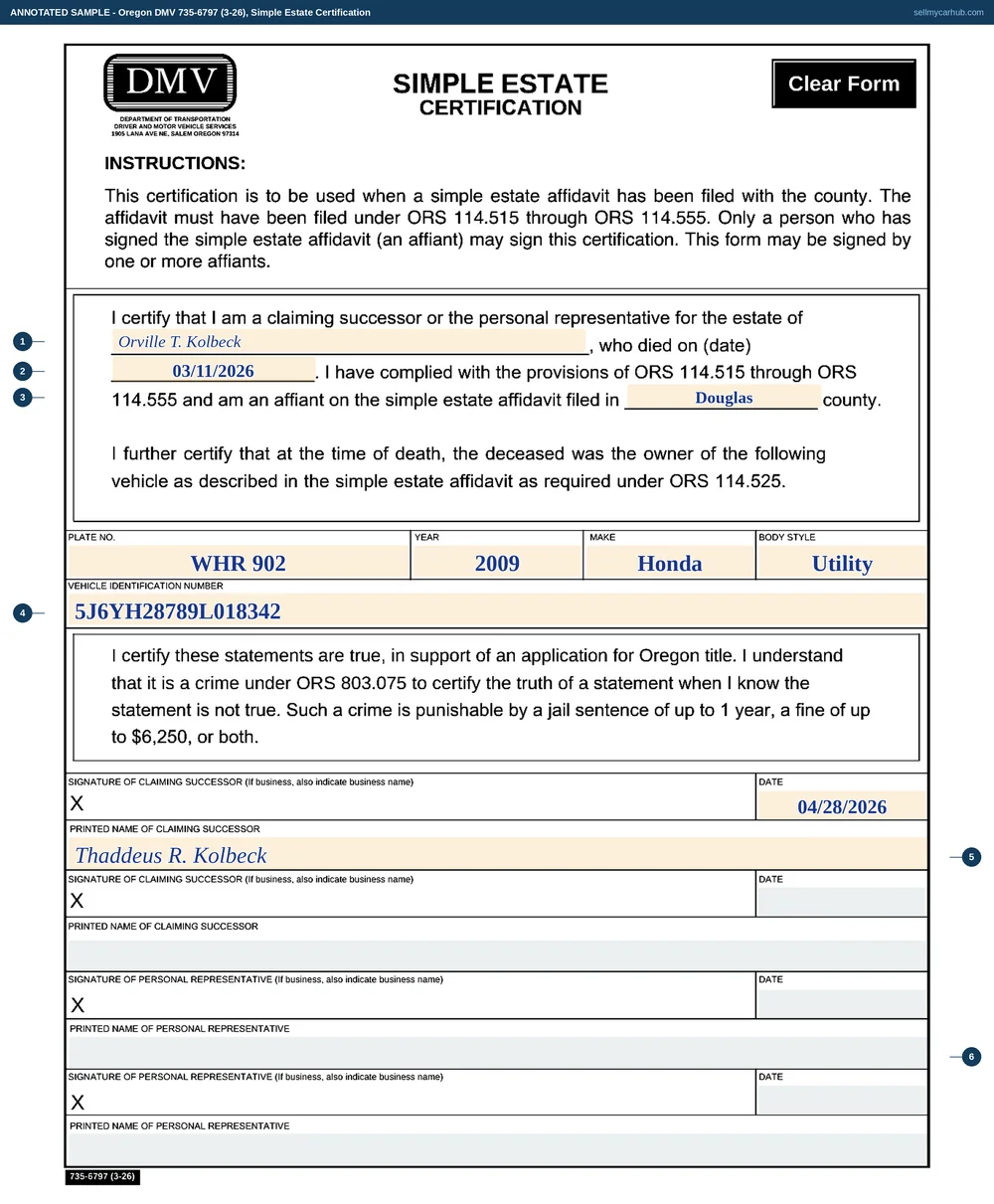 An Oregon Simple Estate Certification filled in: the estate of Orville T. Kolbeck who died on 03/11/2026, a simple estate affidavit filed in Douglas county, the vehicle a 2009 Honda Element with VIN 5J6YH28789L018342 and plate WHR 902, and a claiming successor's signature, date and printed name.