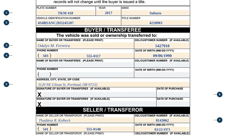 Part of page 1 of our filled-in example of Oregon 735-6890, Notice of Sale or Transfer of a Vehicle, showing the filled-in entries