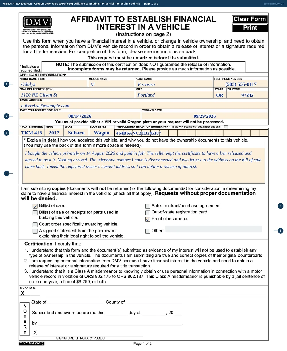 An Oregon Affidavit to Establish Financial Interest in a Vehicle filled in: applicant Odalys M. Ferreira of Portland, the vehicle a 2017 Subaru Outback with VIN 4S4BSANC2H3245187 acquired on 08/14/2026, an explanation of a private purchase where the seller never returned the signed title, the bill of sale and proof of insurance boxes ticked, and a notary block completed by Verena K. Stroud.