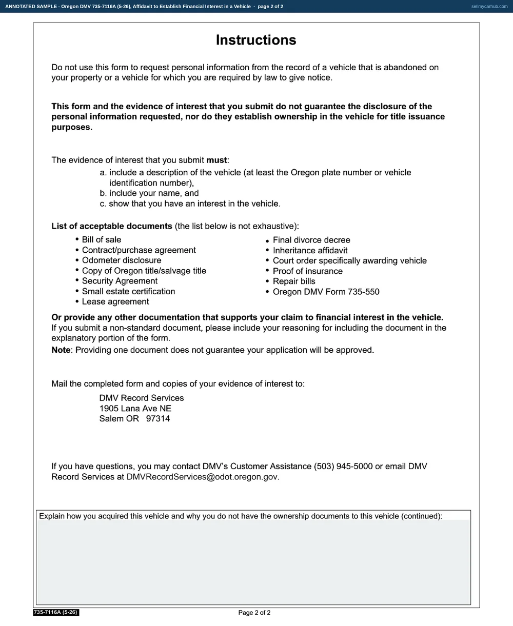 An Oregon Affidavit to Establish Financial Interest in a Vehicle filled in: applicant Odalys M. Ferreira of Portland, the vehicle a 2017 Subaru Outback with VIN 4S4BSANC2H3245187 acquired on 08/14/2026, an explanation of a private purchase where the seller never returned the signed title, the bill of sale and proof of insurance boxes ticked, and a notary block completed by Verena K. Stroud.