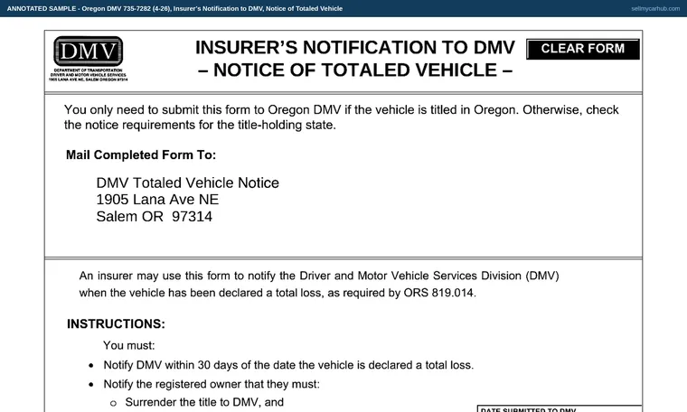 Top of our filled-in example of Oregon 735-7282, Insurer's Notification to DMV — Notice of Totaled Vehicle
