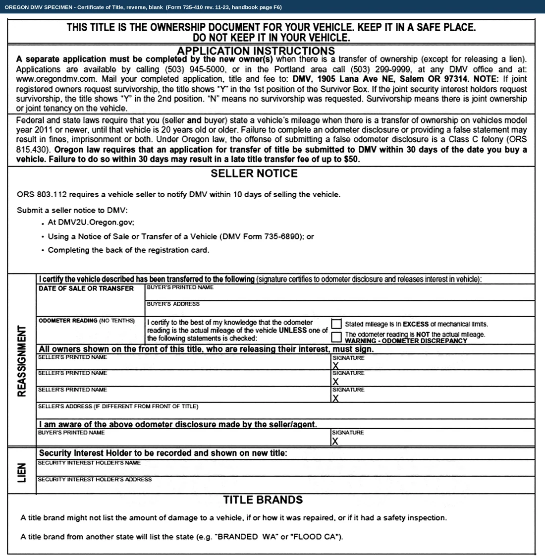 The whole reverse of a blank Oregon certificate of title, showing the application instructions, the seller notice block, the reassignment block with its three owner rows, the lien block and the title brands notes.
