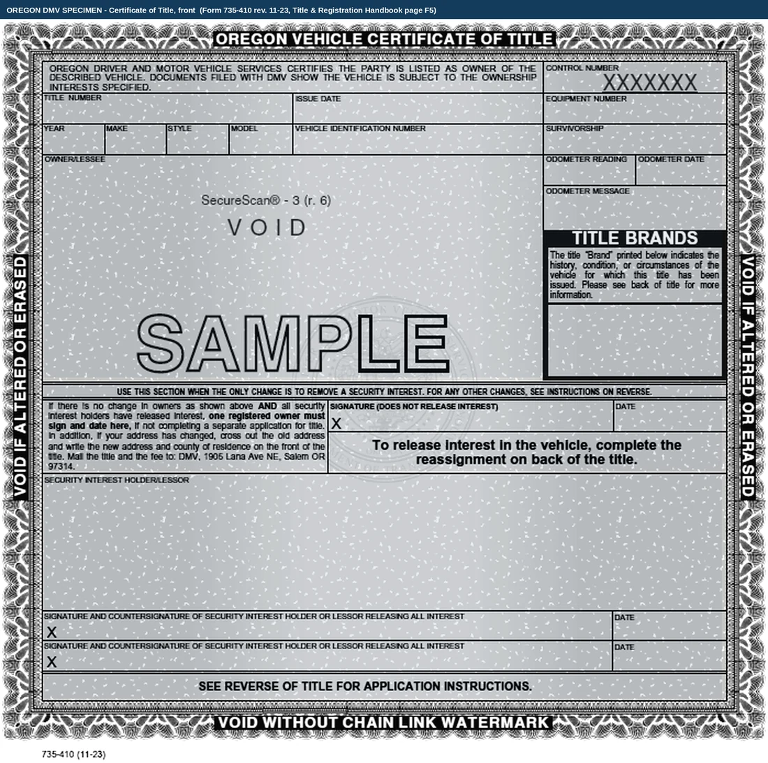 The whole front of a blank Oregon Vehicle Certificate of Title, watermarked VOID and SAMPLE, with the control number printed as XXXXXXX. The vehicle and owner band, the remove-a-security-interest section and the lienholder release block at the foot are all shaded as areas a private seller never completes.