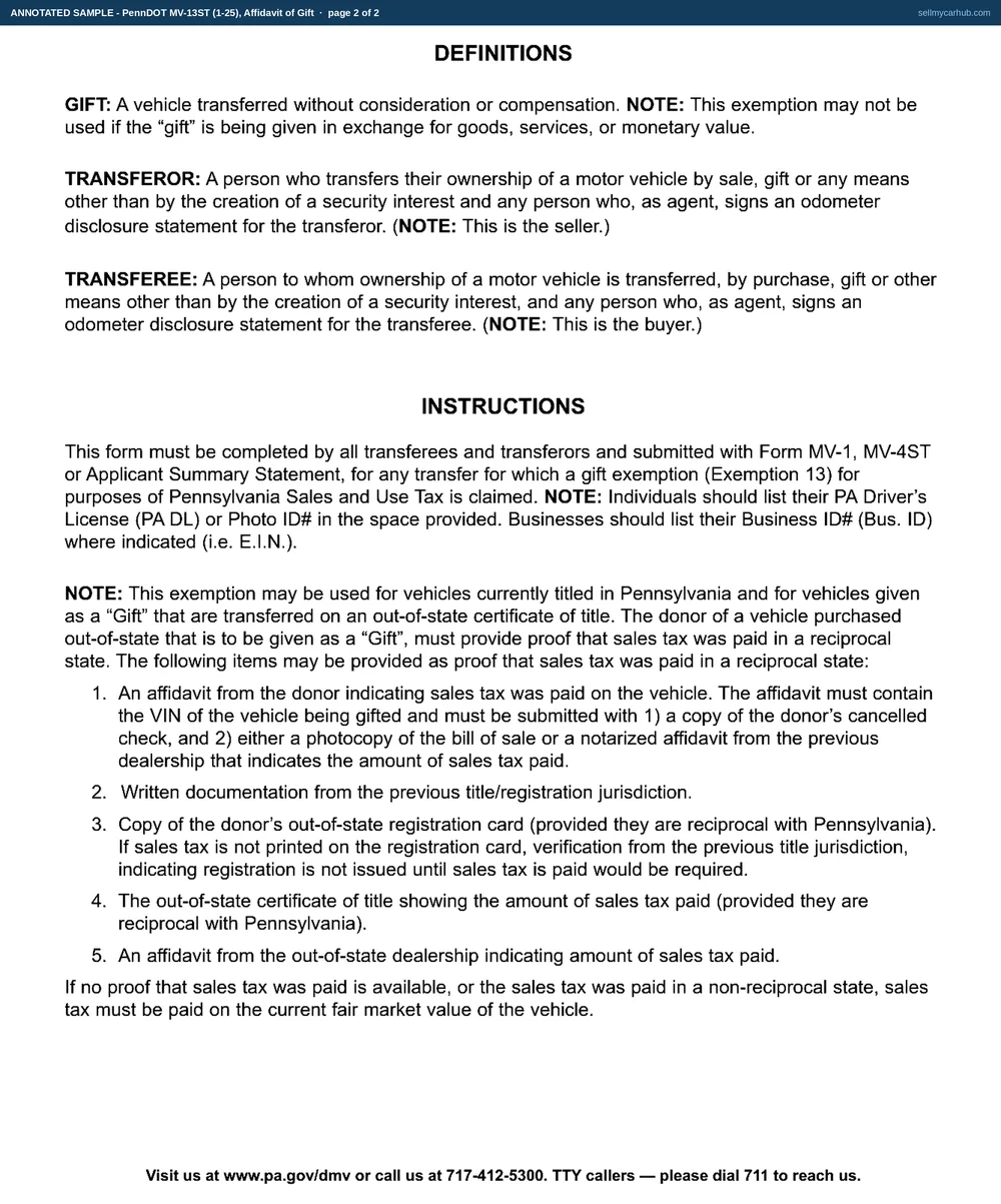 The Pennsylvania MV-13ST affidavit of gift filled in: Section A carrying a title number, VIN and a 2018 Ford Escape, Section B naming Doris J. Kaminski as transferor with the relationship recorded as mother slash son, and Section C naming the transferee, each block signed and dated.