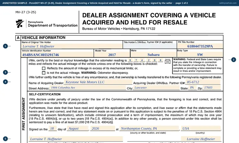 Top of page 1 of our filled-in example of Pennsylvania MV-27, Dealer Assignment Covering a Vehicle Acquired and Held for Resale