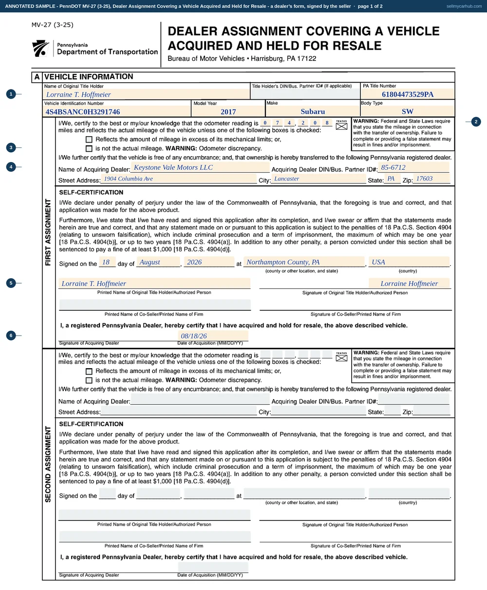 The Pennsylvania MV-27 dealer assignment filled in: Section A naming the original title holder and a 2017 Subaru Outback with its PA title number and VIN, the first assignment block showing a boxed odometer reading, the acquiring dealer's name and identification number, and the original title holder's signature in the self-certification block.