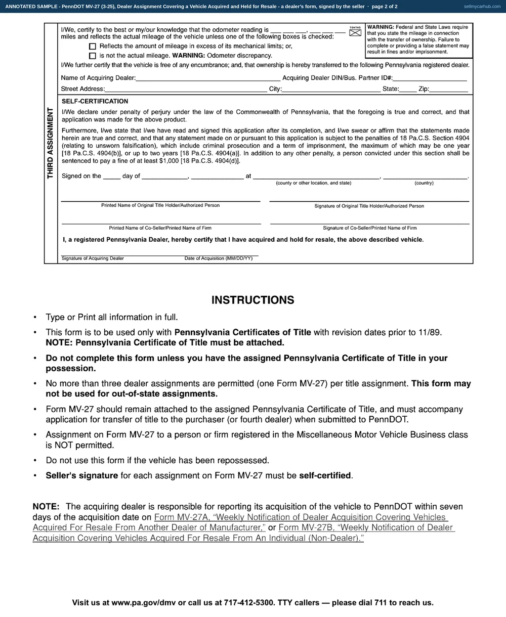 The Pennsylvania MV-27 dealer assignment filled in: Section A naming the original title holder and a 2017 Subaru Outback with its PA title number and VIN, the first assignment block showing a boxed odometer reading, the acquiring dealer's name and identification number, and the original title holder's signature in the self-certification block.