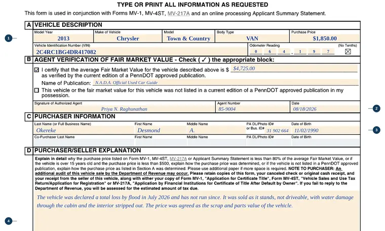 Part of page 1 of our filled-in example of Pennsylvania MV-3, Motor Vehicle Verification of Fair Market Value by the Issuing Agent, showing the filled-in entries