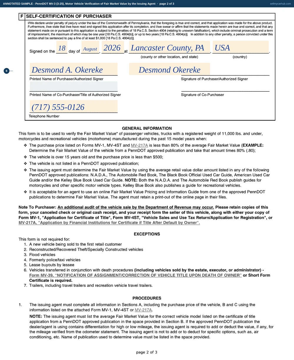 The Pennsylvania MV-3 filled in for a low-price private sale: a 2013 Chrysler Town and Country with a boxed odometer reading, the agent's certification of a fair market value figure from a named publication, purchaser details for Desmond A. Okereke, a written explanation of why the price is low, and self-certification blocks signed by both seller and purchaser.