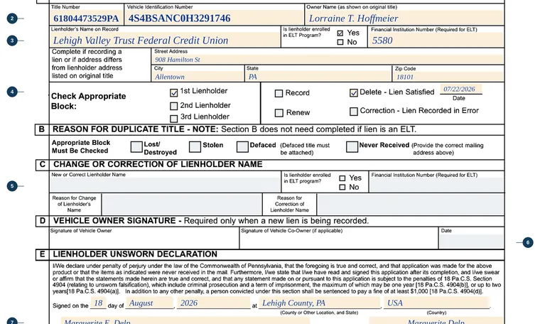 Part of page 1 of our filled-in example of Pennsylvania MV-38L, Application for Duplicate Title or to Record, Renew, Remove a Lien, or to Correct Lien Information by Lienholder, showing the filled-in entries