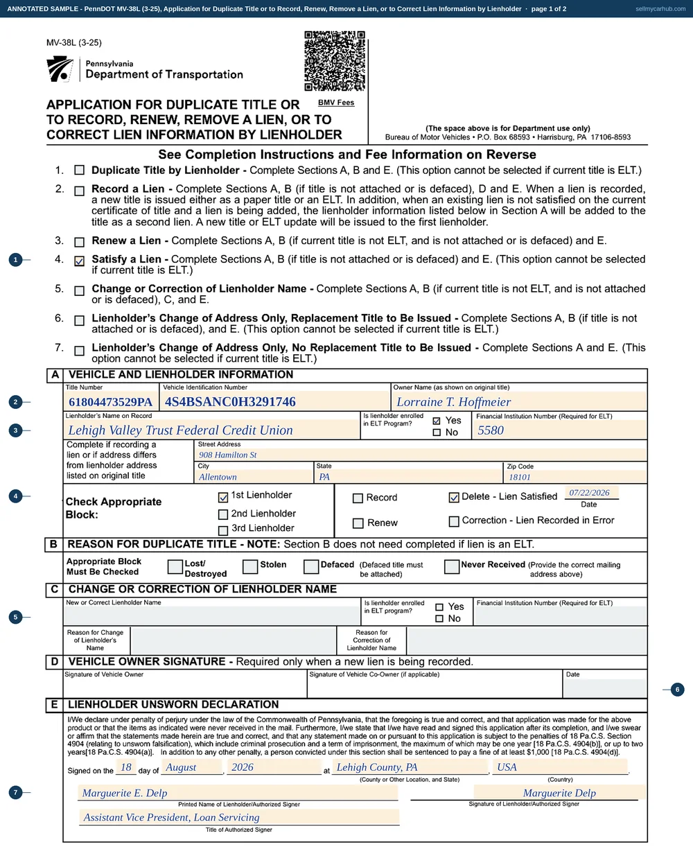 The Pennsylvania MV-38L filled in by a lender satisfying a lien: block 4 ticked at the top, Section A carrying the title number, VIN, the vehicle owner's name, the credit union's name and Financial Institution Number with the delete lien satisfied box ticked and a date, and Section E signed by an authorised loan officer with the county and country of signing.