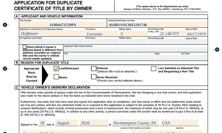 Part of page 1 of our filled-in example of Pennsylvania MV-38O, Application for Duplicate Certificate of Title by Owner, showing the filled-in entries