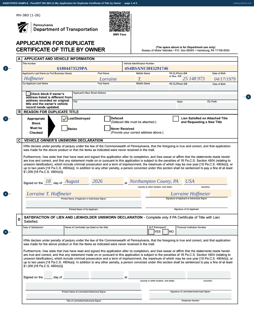 The Pennsylvania MV-38O filled in by a vehicle owner: Section A carrying the title number, the VIN of a 2017 Subaru Outback and the applicant's name, licence number and date of birth, Section B with the lost or destroyed block ticked, and Section C's unsworn declaration signed and dated with the county and country of signing.
