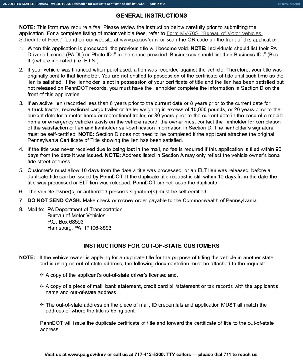 The Pennsylvania MV-38O filled in by a vehicle owner: Section A carrying the title number, the VIN of a 2017 Subaru Outback and the applicant's name, licence number and date of birth, Section B with the lost or destroyed block ticked, and Section C's unsworn declaration signed and dated with the county and country of signing.
