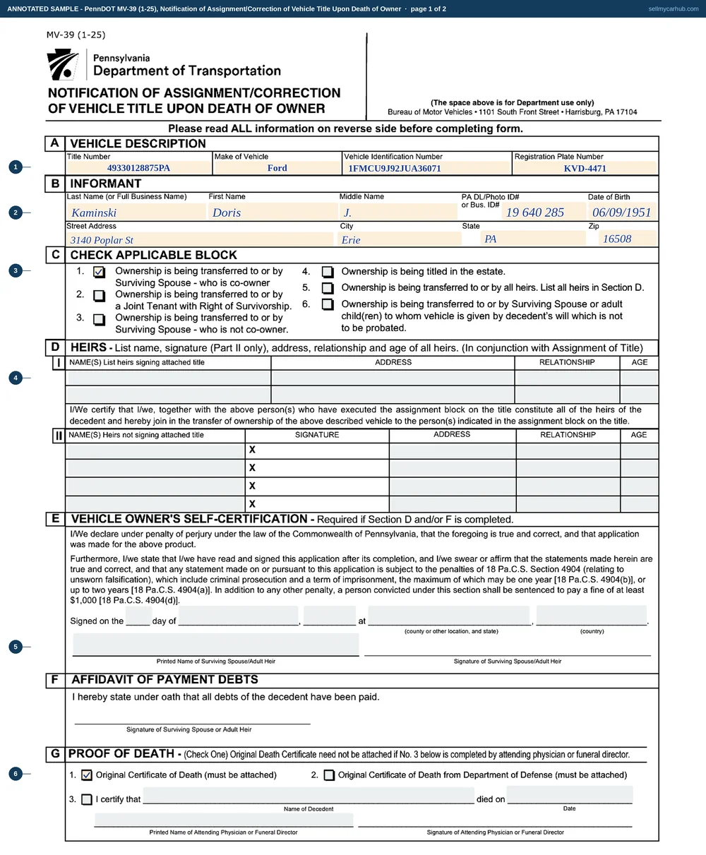 The Pennsylvania MV-39 filled in after the death of a vehicle owner: Section A carrying the title number and the VIN of a 2018 Ford Escape, Section B naming the surviving spouse as informant with her licence number and address, block 1 of Section C ticked for a surviving spouse who is a co-owner, Section G showing the original death certificate block ticked, Section H the insurance details, and Section I signed with a telephone number.