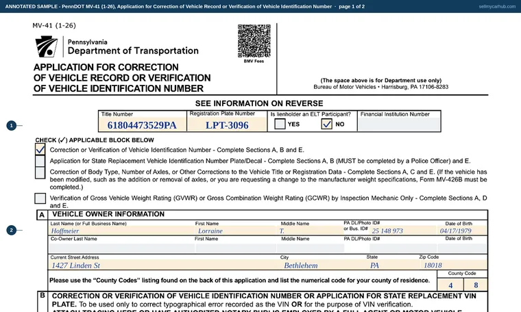 Top of page 1 of our filled-in example of Pennsylvania MV-41, Application for Correction of Vehicle Record or Verification of Vehicle Identification Number