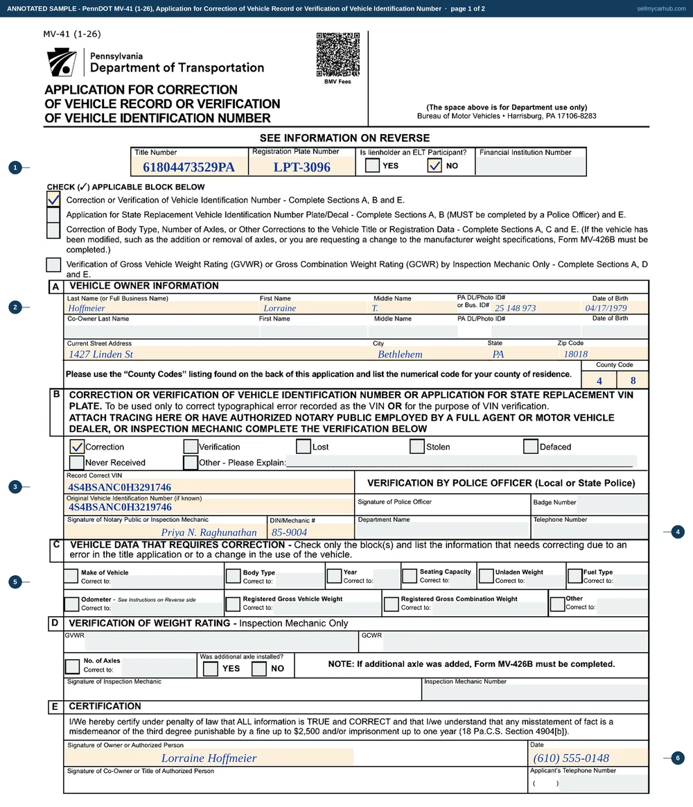 The Pennsylvania MV-41 filled in to correct a transposed VIN: the header carrying the title number and registration plate, the first job block ticked, Section A naming the vehicle owner with a county code, and Section B showing the correct VIN, the original VIN as recorded, and a notary public's verification signature and identification number.