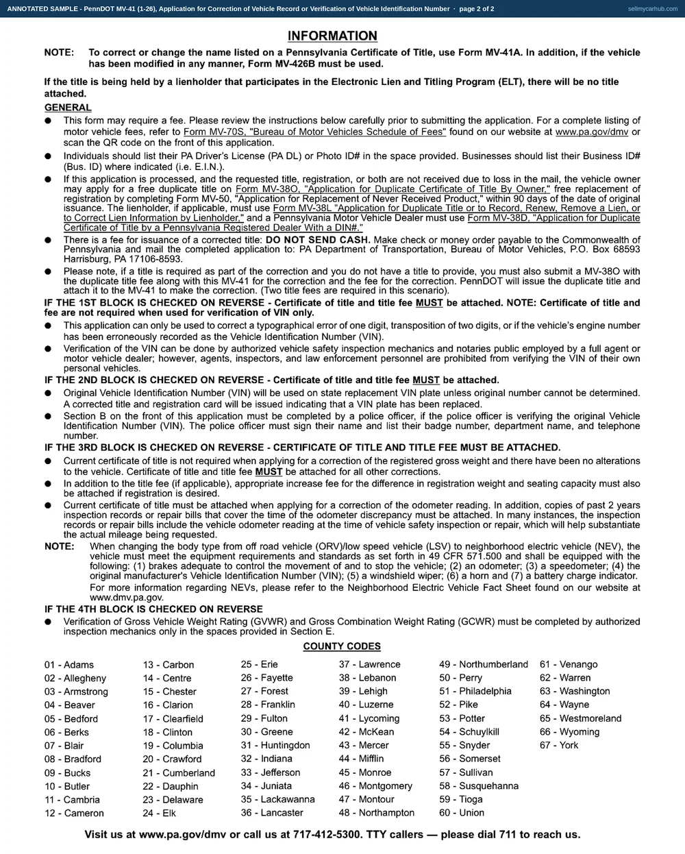 The Pennsylvania MV-41 filled in to correct a transposed VIN: the header carrying the title number and registration plate, the first job block ticked, Section A naming the vehicle owner with a county code, and Section B showing the correct VIN, the original VIN as recorded, and a notary public's verification signature and identification number.