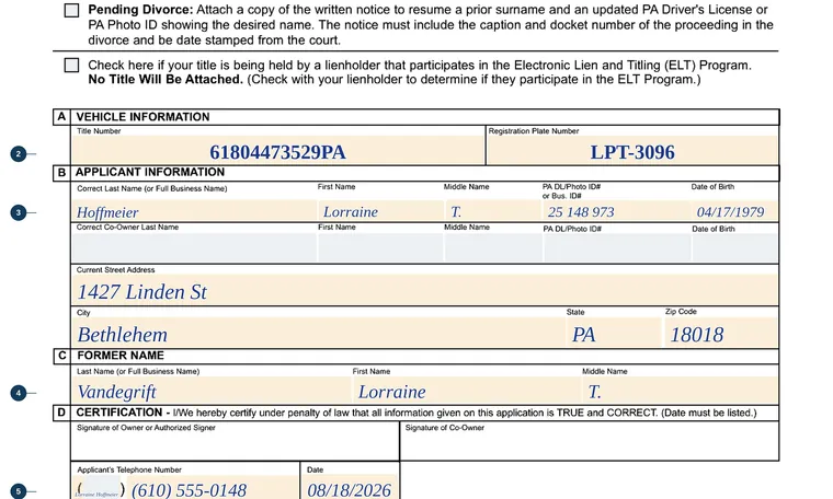 Part of page 1 of our filled-in example of Pennsylvania MV-41A, Application for Correction or Change of Name, showing the filled-in entries