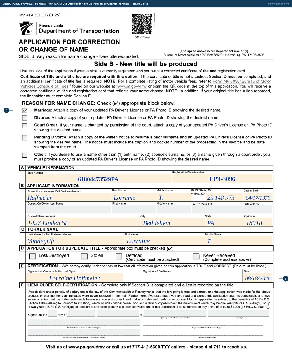 The Pennsylvania MV-41A Side A filled in after a marriage: the marriage block ticked, Section A carrying the title number and registration plate, Section B the corrected name and current address with a licence number and date of birth, Section C the former surname, and Section D signed and dated with a telephone number.