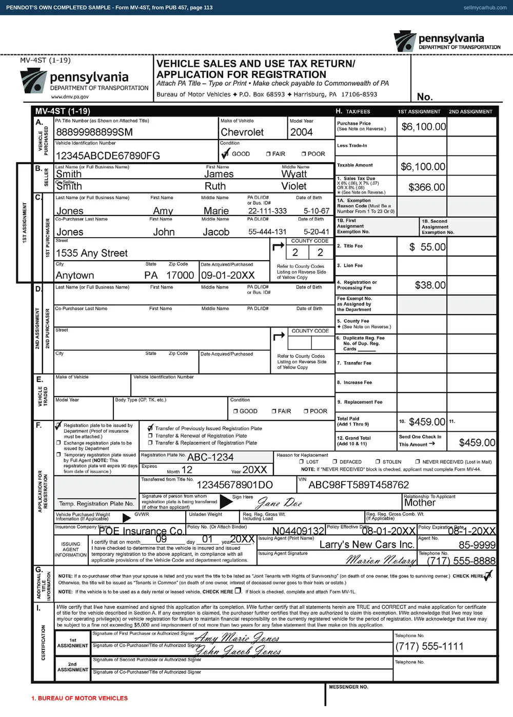 PennDOT's published completed sample of Form MV-4ST, showing Section A with a PA title number and a 2004 Chevrolet, Section B naming the seller, Section C the purchaser and co-purchaser with a county code, Section F transferring a previously issued registration plate with insurance details and the issuing agent's certification, Section G the joint-ownership note, Section H the tax and fee column totalling 459 dollars, and Section I signed by both purchasers.