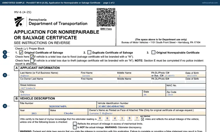 Top of page 1 of our filled-in example of Pennsylvania MV-6, Application for Nonrepairable or Salvage Certificate