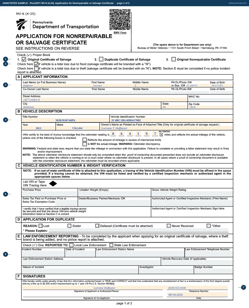 The Pennsylvania MV-6 filled in for a flood-damaged vehicle: block 1 ticked for an original certificate of salvage with the flood total-loss box also ticked, Section A naming the applicant with address and licence number, Section B carrying the title number, the VIN of a 2013 Chrysler Town and Country and a boxed odometer reading, and Section F signed and dated.