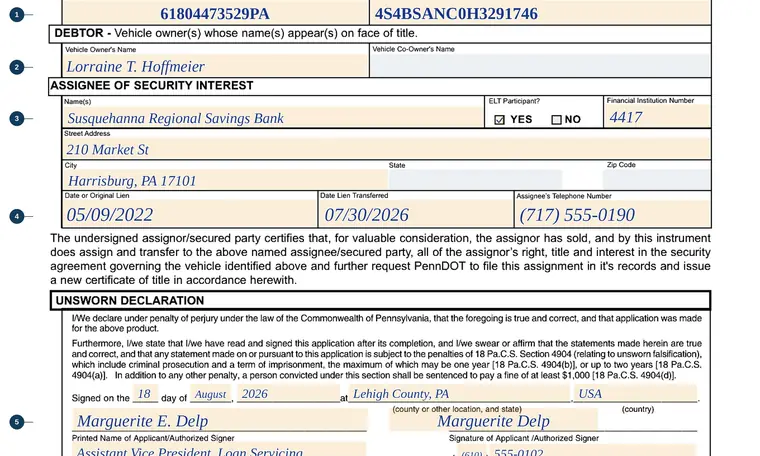 Part of page 1 of our filled-in example of Pennsylvania MV-950, Notification of Assignment of Secured Interest in a Vehicle, showing the filled-in entries
