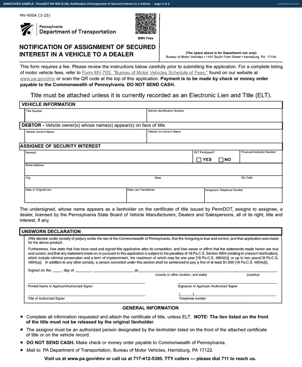 The Pennsylvania MV-950 filled in: the vehicle information block carrying a title number and the VIN of a 2017 Subaru Outback, the debtor block naming the vehicle owner, the assignee block naming the institution taking over the security interest with its Financial Institution Number and address, the original lien and transfer dates, and the unsworn declaration signed by an authorised officer.