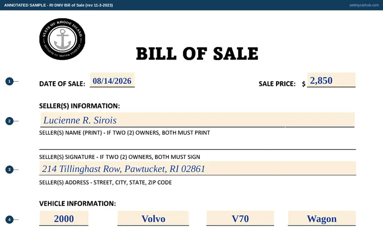 Top of our filled-in example of Rhode Island Bill of Sale, Bill of Sale