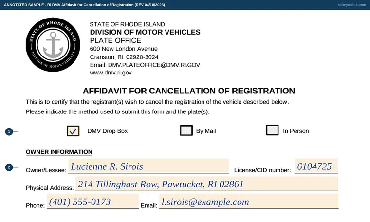 Top of our filled-in example of Rhode Island Cancellation Affidavit, Affidavit for Cancellation of Registration